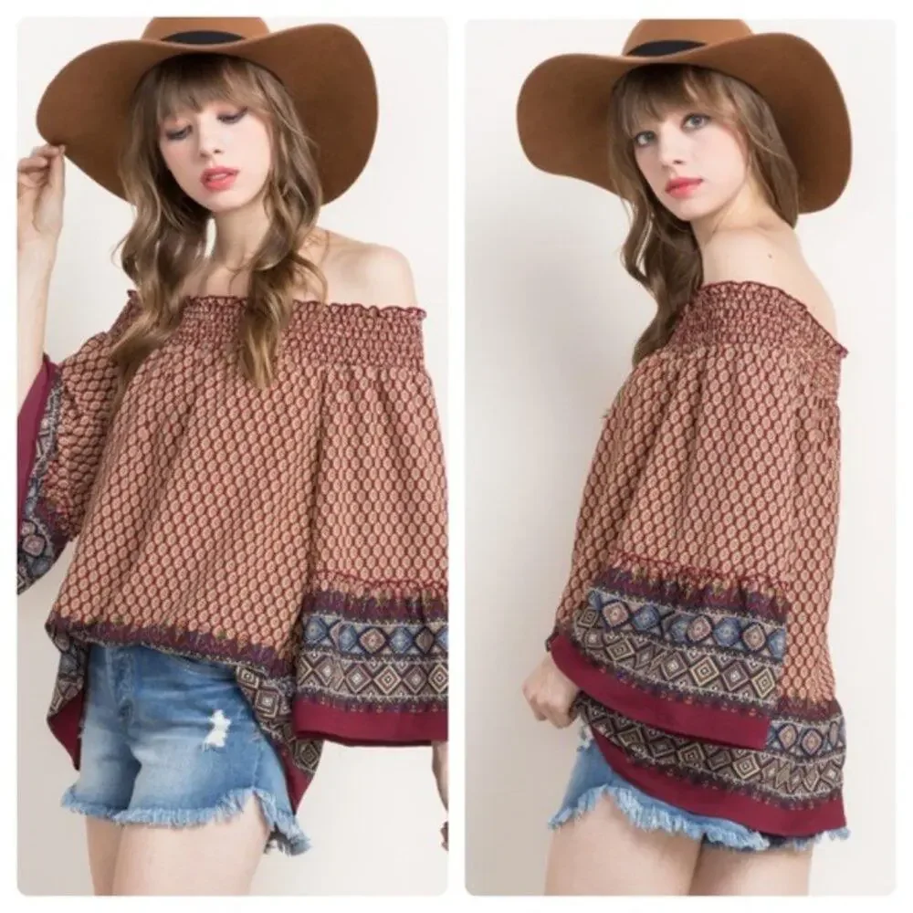 Women's Boho Peasant Blouse Off the Shoulder - Small - Picture 5 of 5